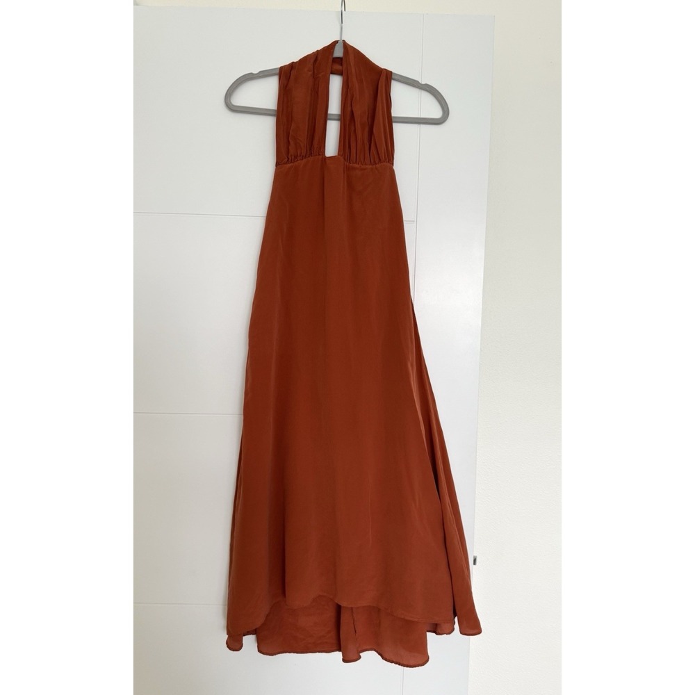 Magali Pascal Women's Rust Orange Halter Sleeveless Midi Silk Dress Size M